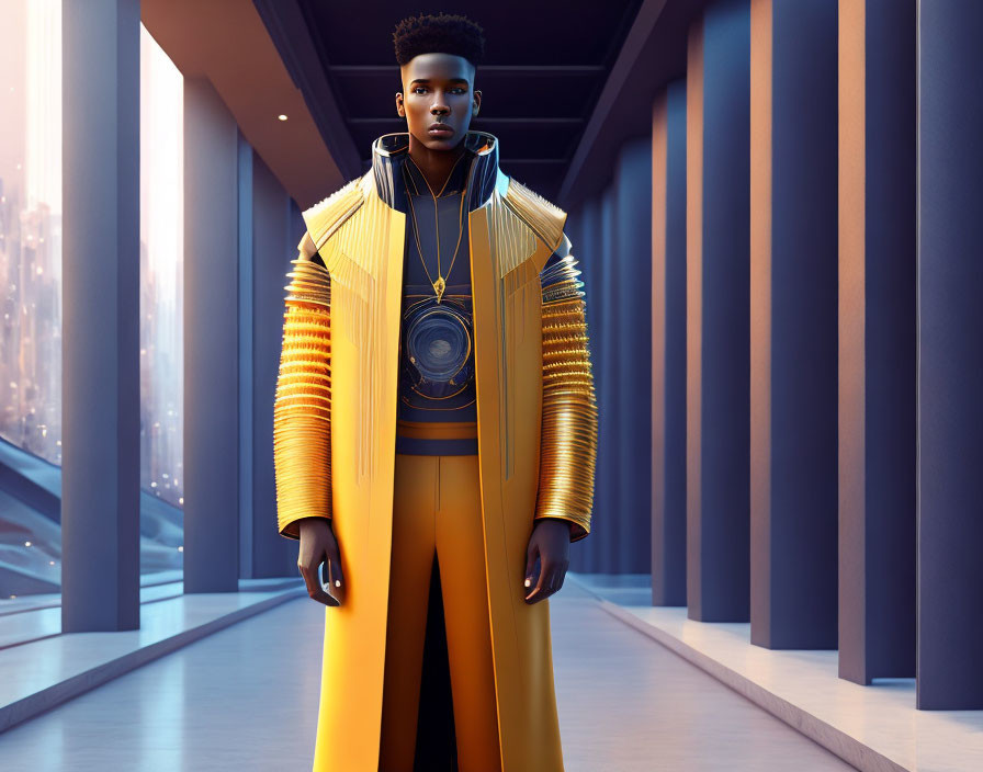 Stylized futuristic person in yellow and blue attire in urban corridor