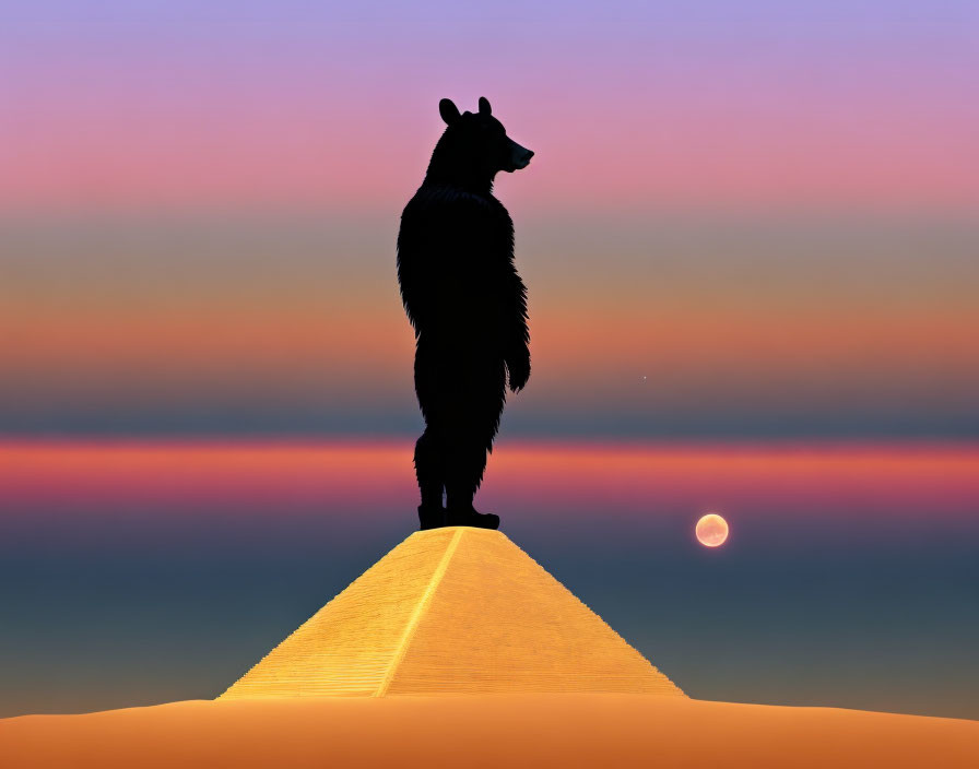 Bear silhouette on mountain peak under sunset sky with glowing pathway to full moon