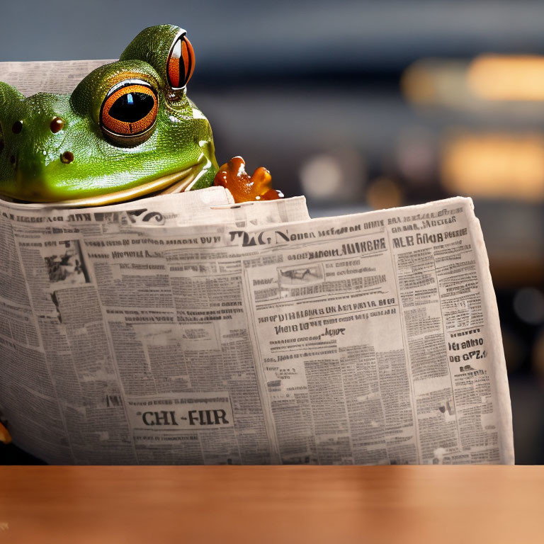 Green Tree Frog Reading Newspaper with Orange Feet on Blurred Background