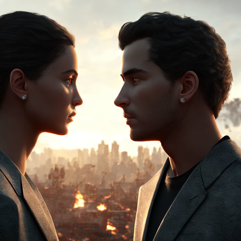 Man and woman close-up against city skyline at sunset