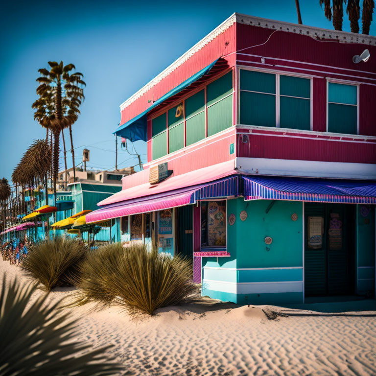 Vibrant pink and blue beachfront buildings near palm trees and sand