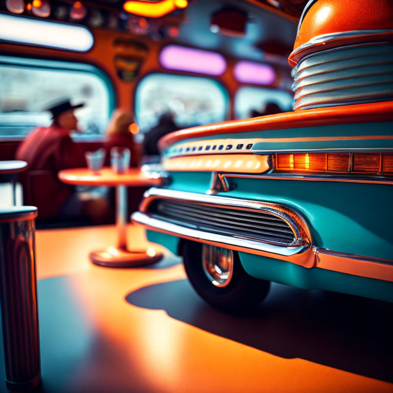 Vintage Teal Car and Chrome Details in Retro Diner Setting