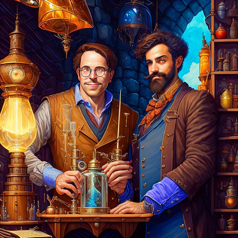 Steampunk laboratory scene with two stylish gentlemen and mechanical devices