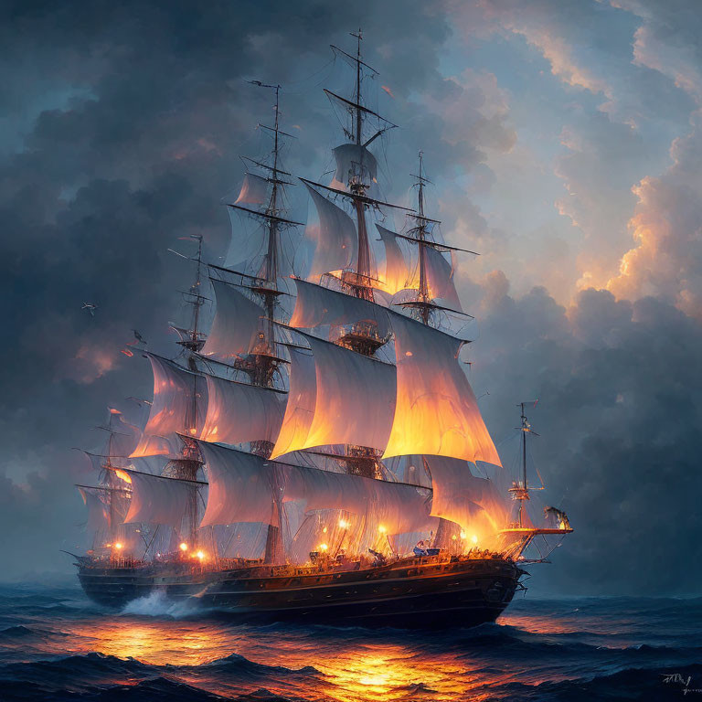 Tall ship with illuminated sails on twilight sea