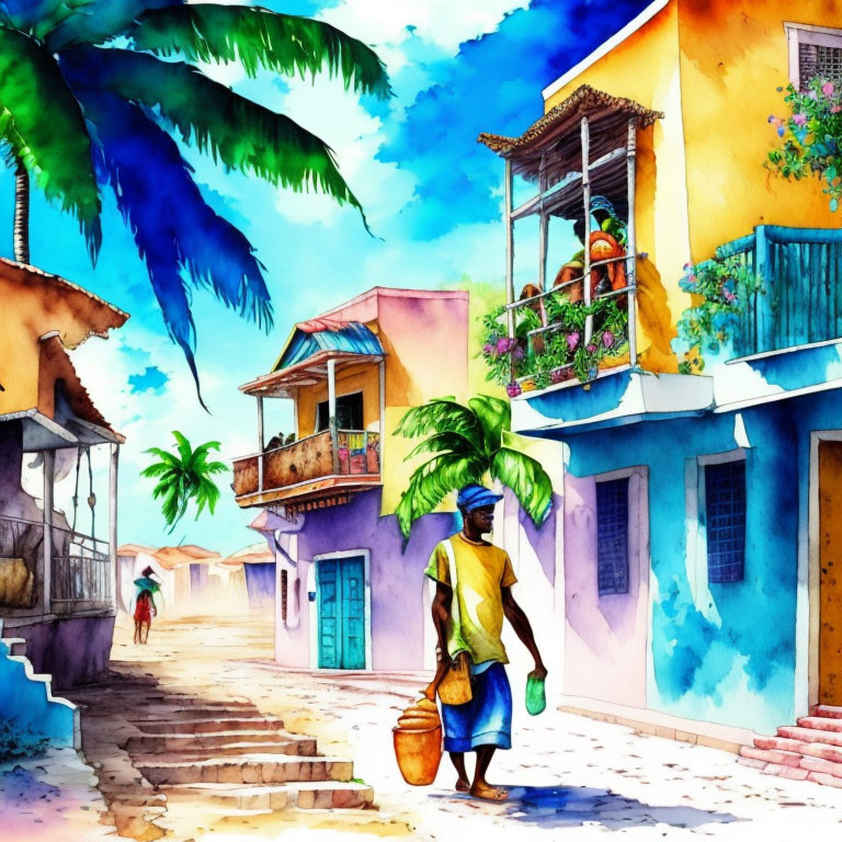 Colorful watercolor street scene with vibrant buildings and palm trees under a sunny sky