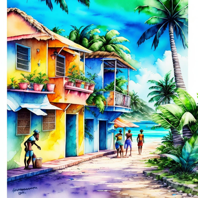 Vibrant Coastal Street Scene with People, Trees, and Houses