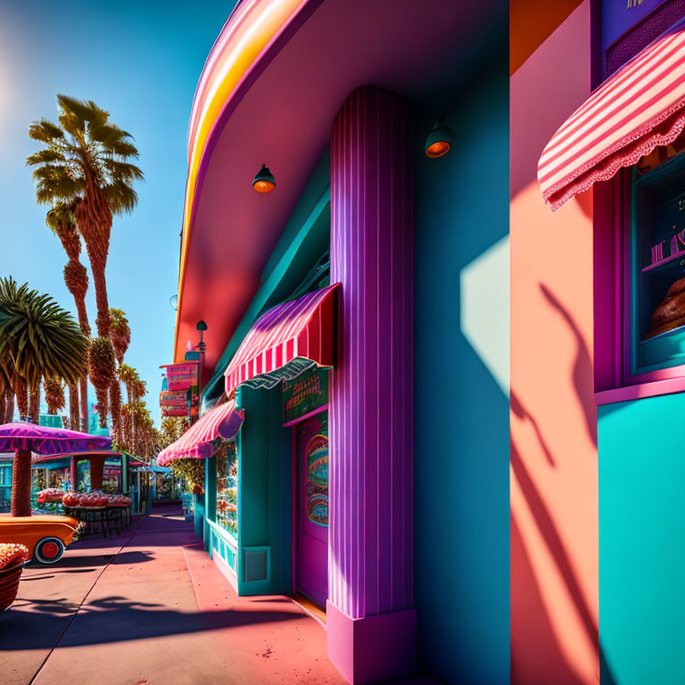 Colorful Building with Purple Pillars, Rainbow Archway, and Palm Trees