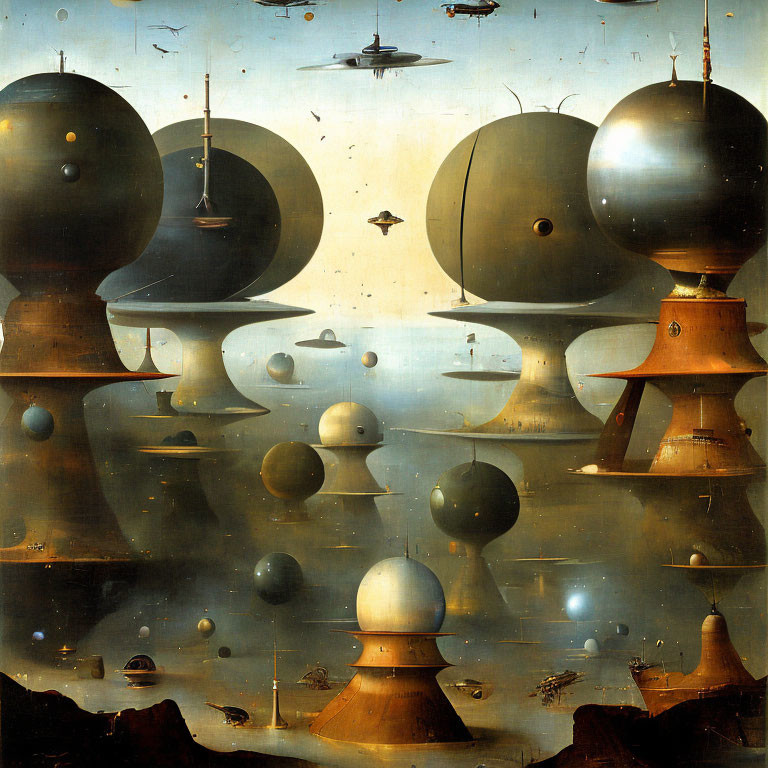 Surreal landscape featuring bulbous towers and floating spherical structures above reflective water with flying crafts and birds