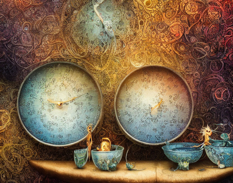 Surreal painting featuring melting clocks, tiny creatures, and colorful patterns