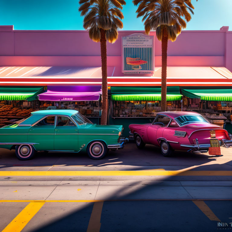 Vintage cars parked in front of colorful building with palm trees and blue sky.