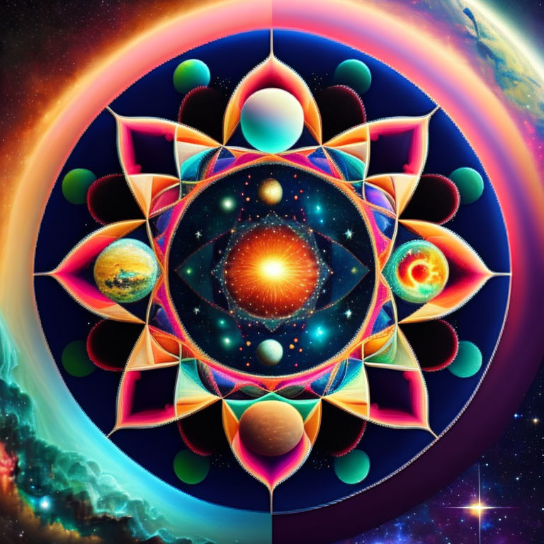 Colorful cosmic mandala with planets, stars, and nebula on space backdrop