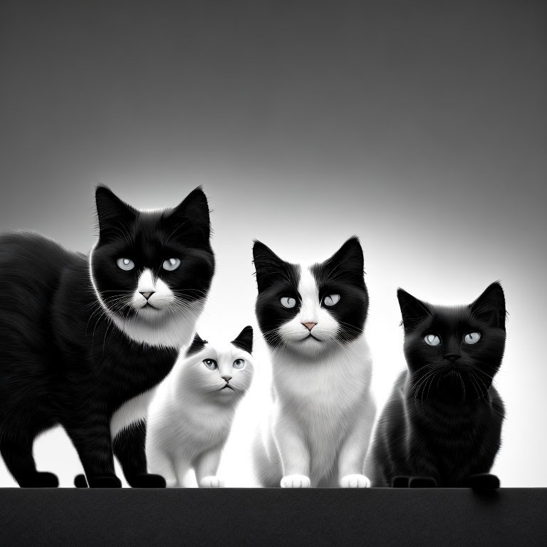 Four Cats with Black and White Fur on Gradient Background