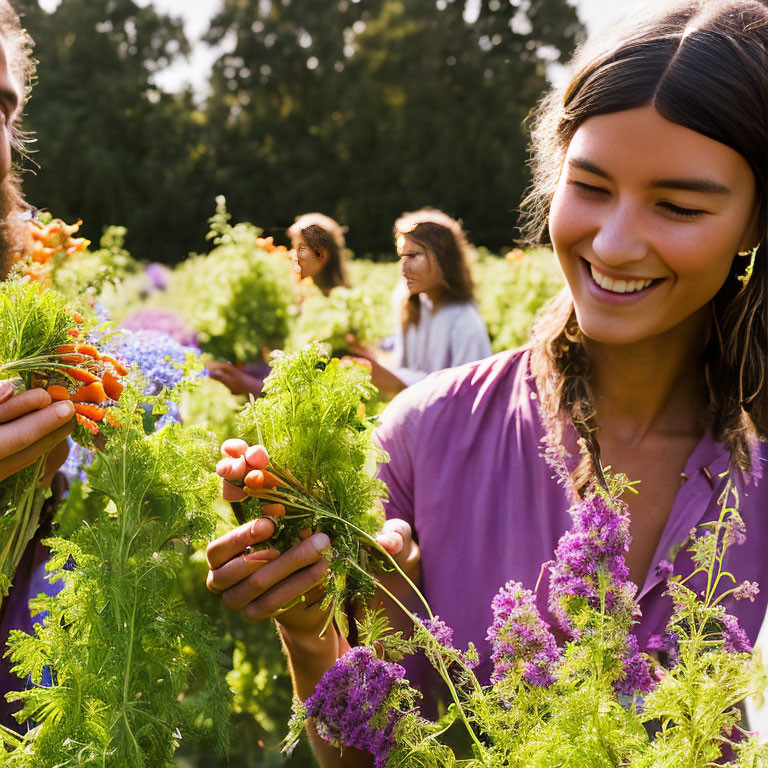 Smiling woman holding green plants in sunny garden