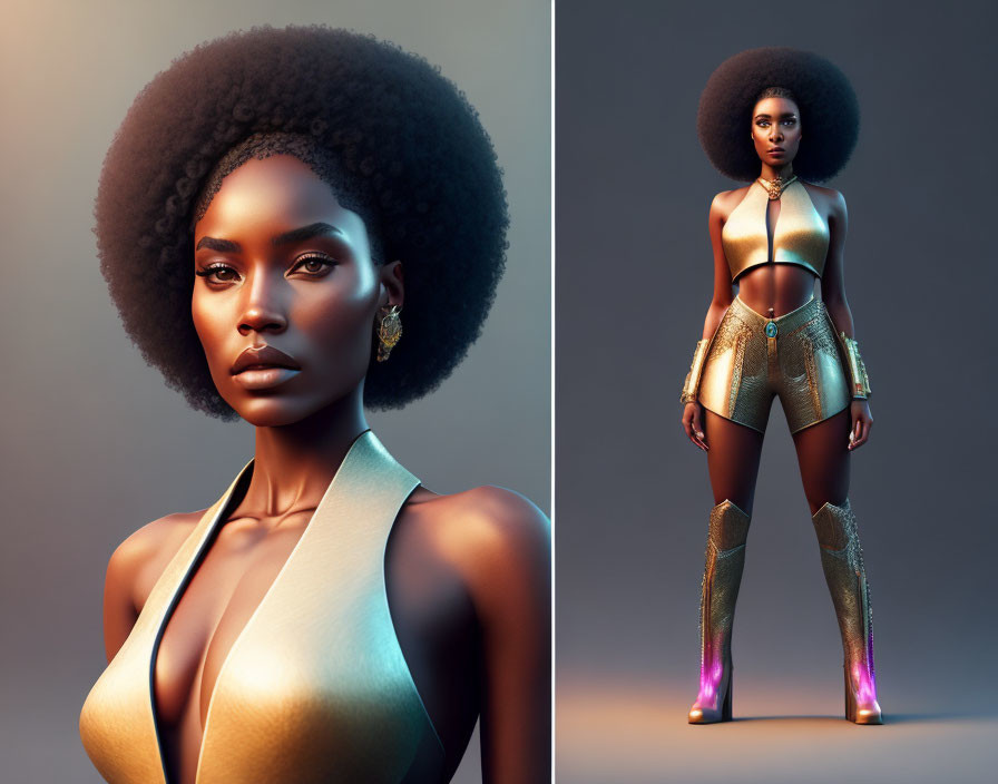 Digital illustration: Woman with voluminous afro in futuristic golden attire and iridescent boots