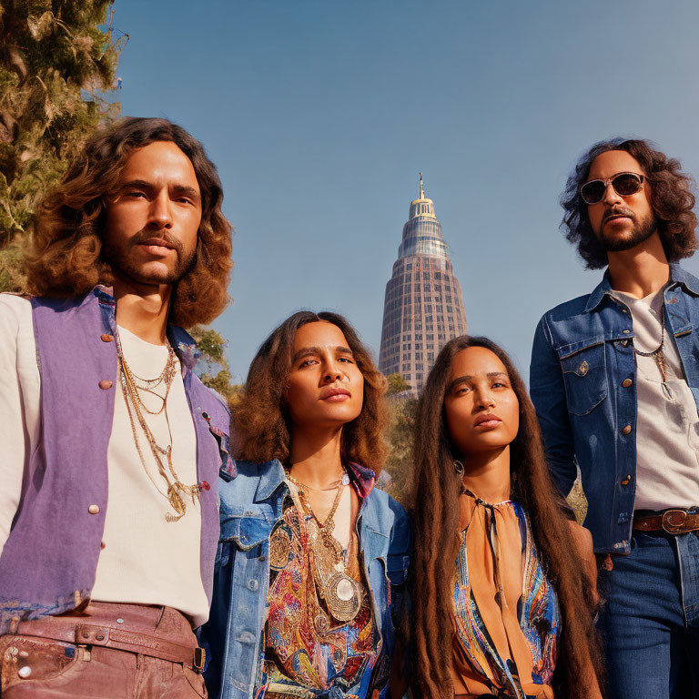 Four individuals in retro fashion pose with skyscraper background