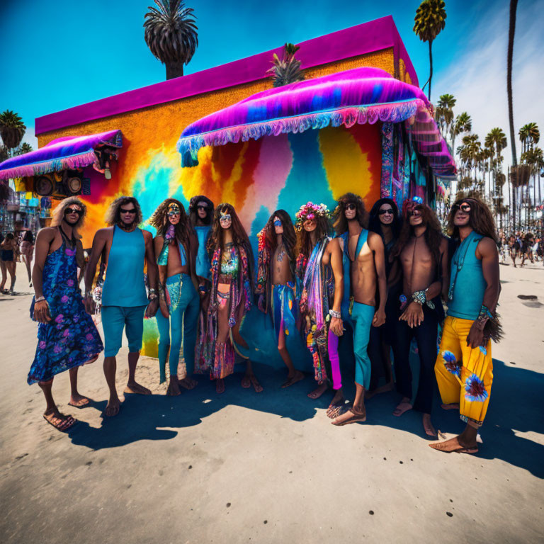 Colorful Hippie-Style Group Poses in Retro Beach Setting