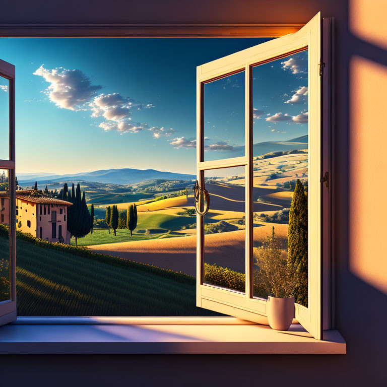 Rural sunset scene: open window, rolling hills, cypress trees