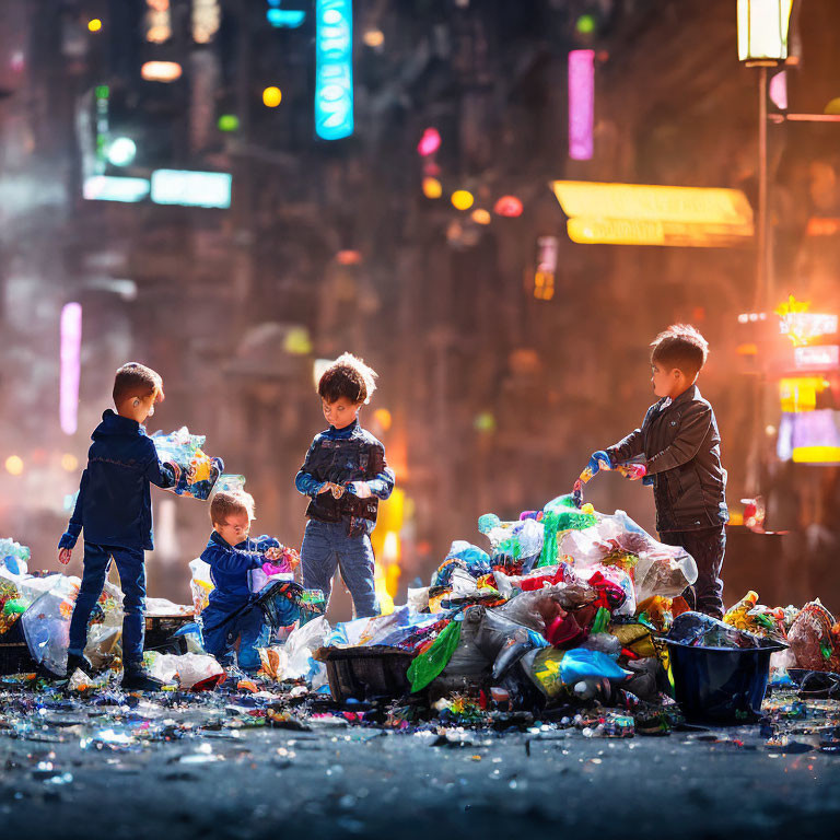 Children playing with illuminated plastic toys on night street with colorful bins and neon signs