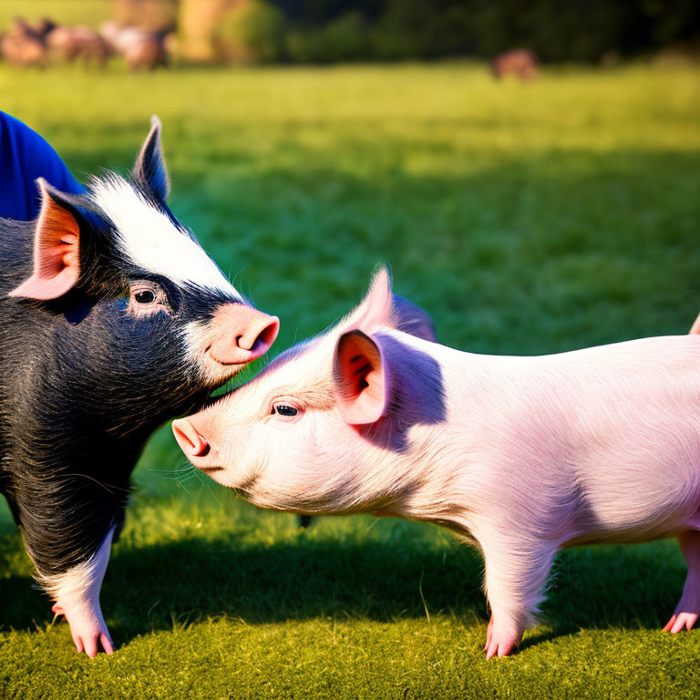 Black and white pigs touching noses in sunny field with cattle and person in background