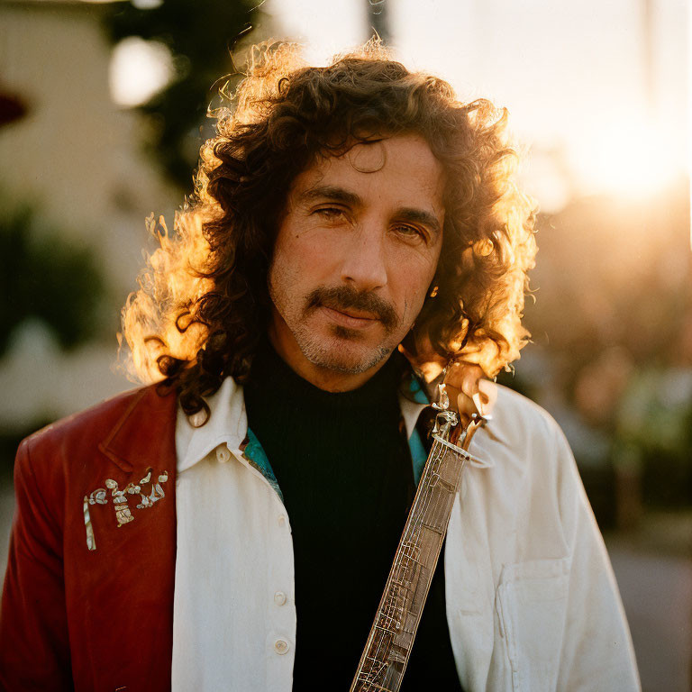 Curly-Haired Man in Red Jacket Playing Guitar at Sunset