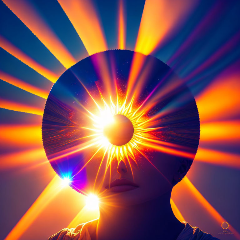 Artistic representation of a person with sun-like halo emitting vibrant beams on blue background