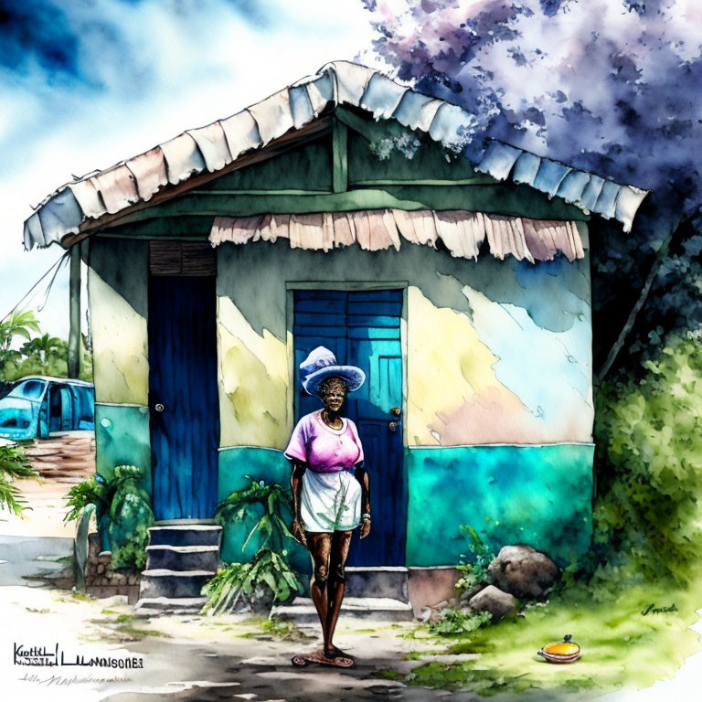 Vibrant watercolor painting of person near colorful house