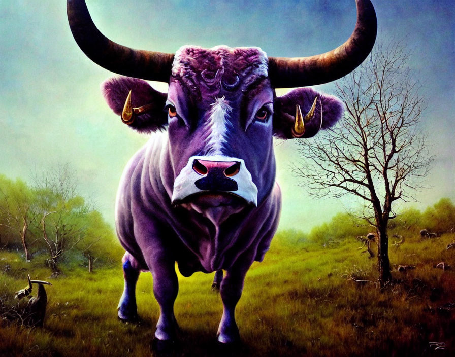 Colorful painting of a purple bull with golden rings in a grassy field