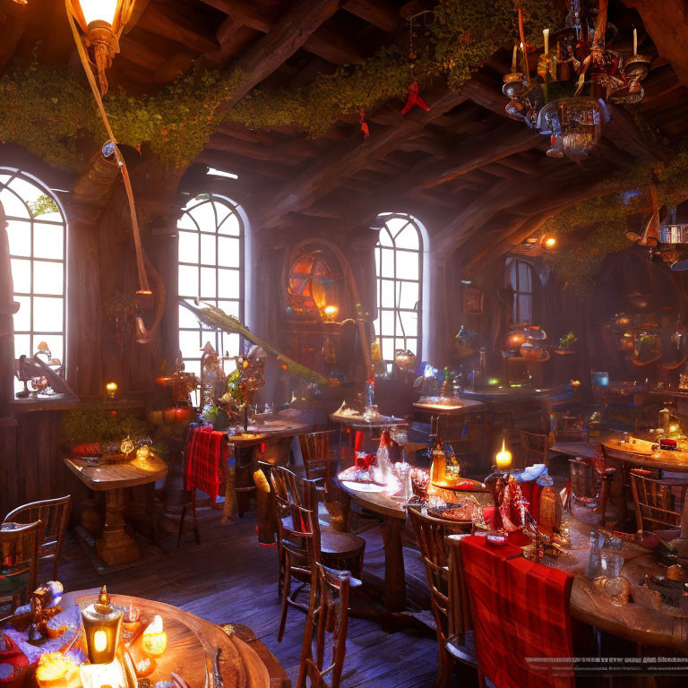 Warmly lit rustic tavern interior with festive dining tables and lush greenery