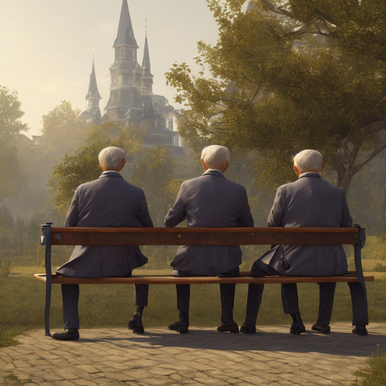 Three elderly men in suits on park bench near castle and trees