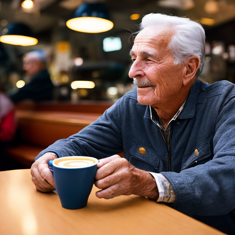 Elderly man with white mustache smiling at cafe table with blue coffee cup