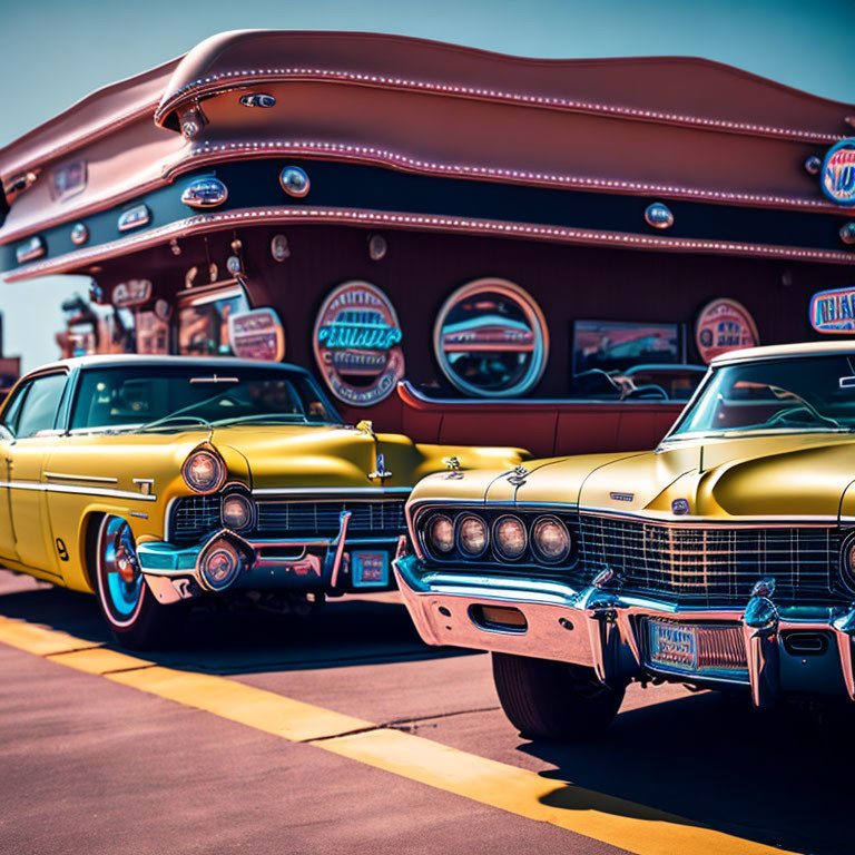 Classic Diner with Vintage Yellow Cars and Retro Signage