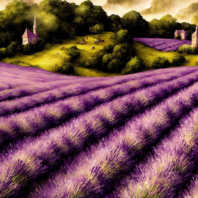 Vibrant purple lavender field with rolling hills and distant castle-like buildings