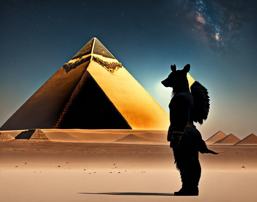 Mysterious desert scene with Anubis-like figure and Great Pyramid under starry sky