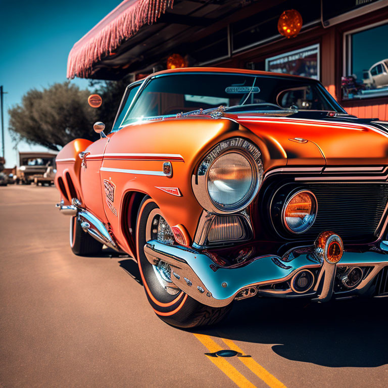 Vintage Orange Car with Chrome Details Parked on Sunny Day near Diner