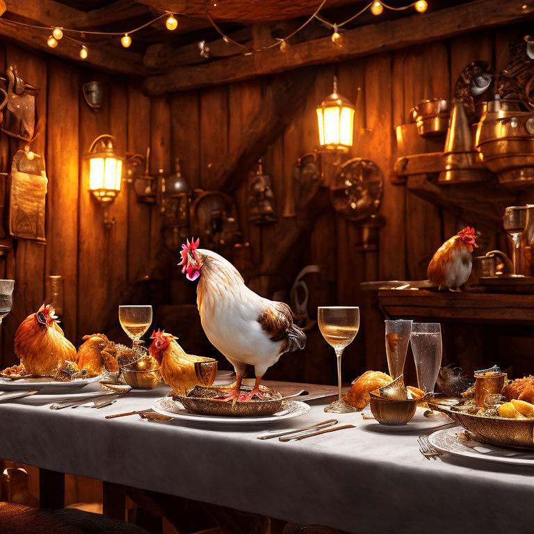 Chickens at rustic table with wine glasses, candles, feast