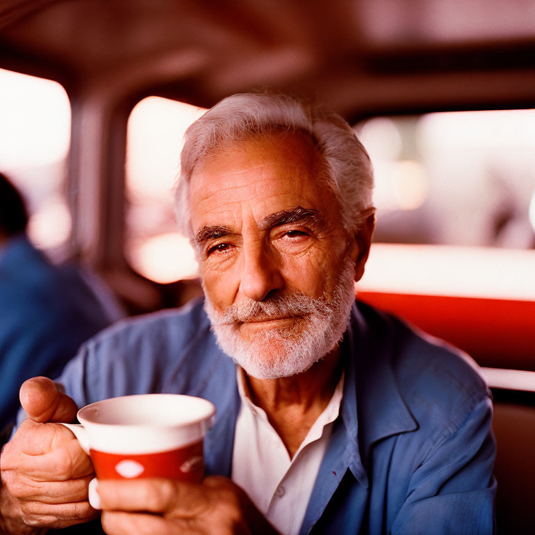 Elderly Man Smiling with White Beard Holding Cup in Booth