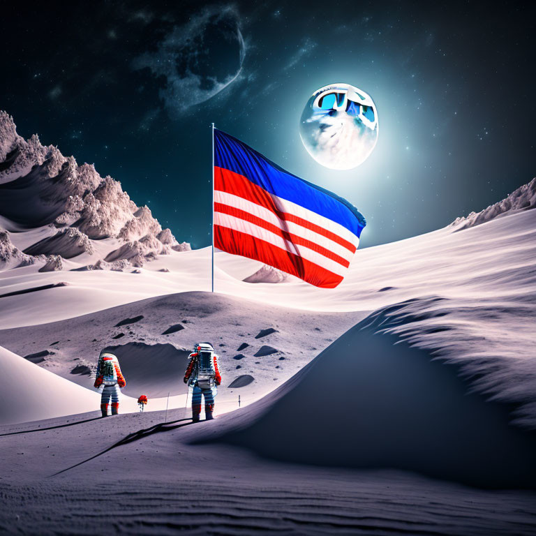 Astronauts, dog, American flag on snowy lunar landscape with spacecraft.