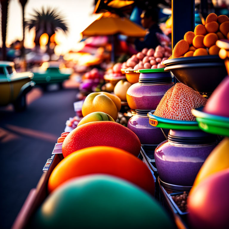 Colorful Fruit Market at Sunset with Palm Trees