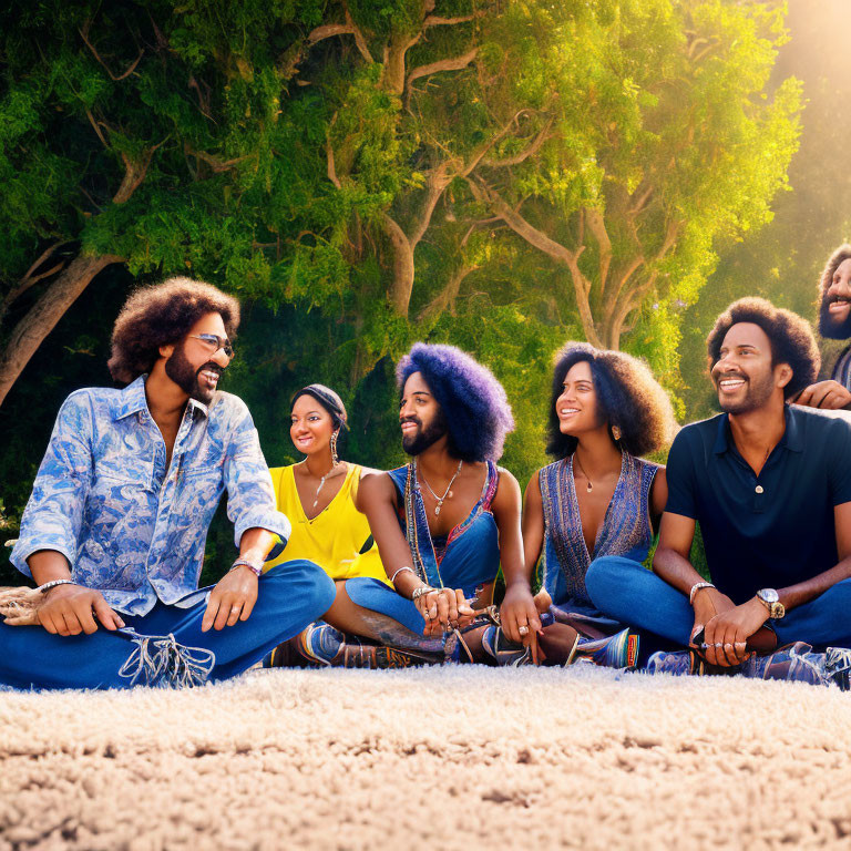 Six people with afros enjoying sunny outdoor picnic on a blanket