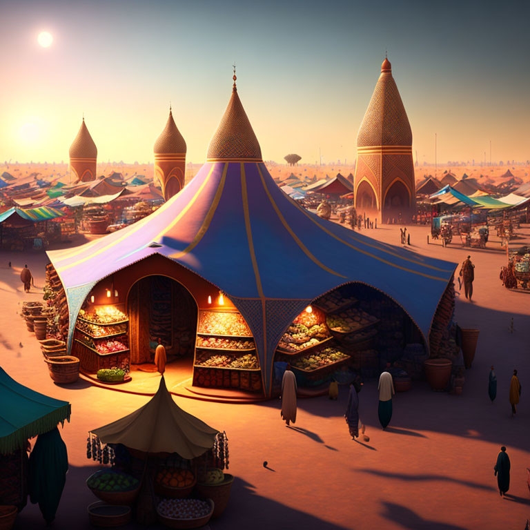 Vibrant outdoor market at sunset with colorful tents and bustling stalls.