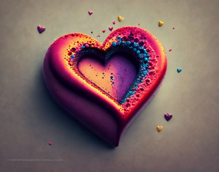 Colorful Heart-Shaped Object with Heart Confetti on Beige Surface
