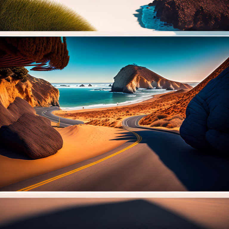 Scenic coastal road overlooking sunlit beach, rocks, cliffs, and ocean