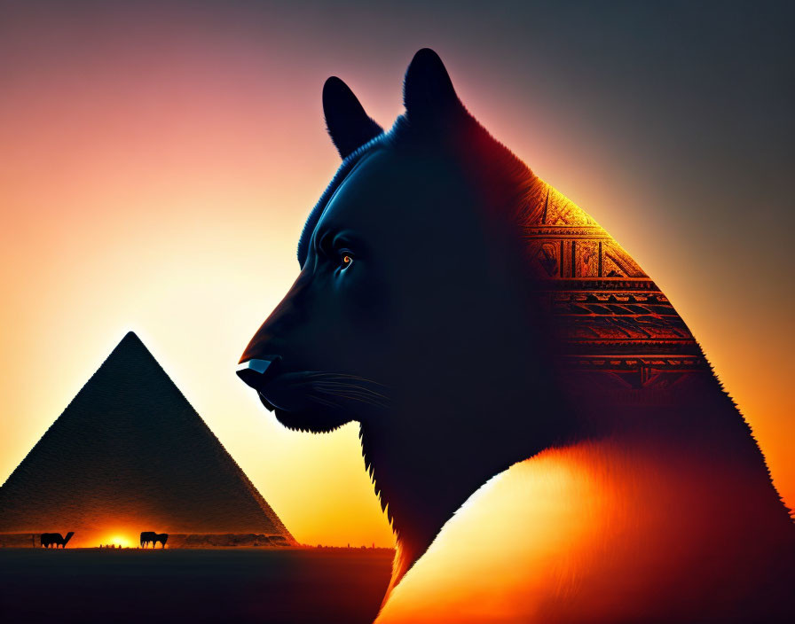 Egyptian Sphinx silhouette against sunset skyline with pyramid and animal figures.