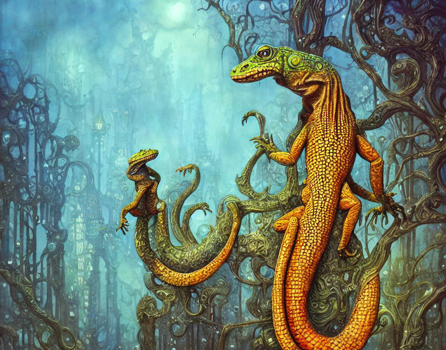 Intricate patterned anthropomorphic lizards in mystical cityscape