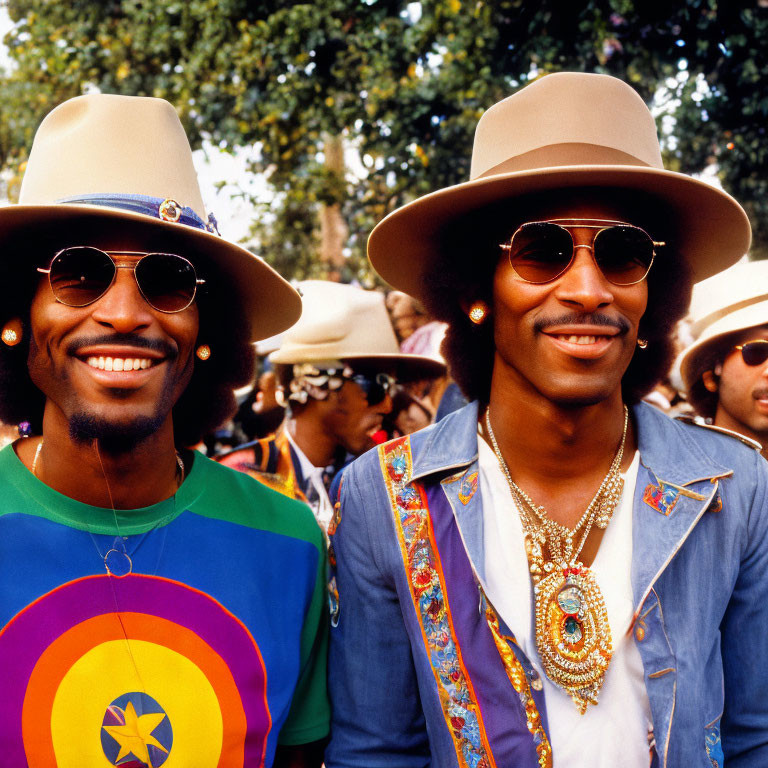 Two men in wide-brimmed hats and 1970s-style attire, smiling outdoors.