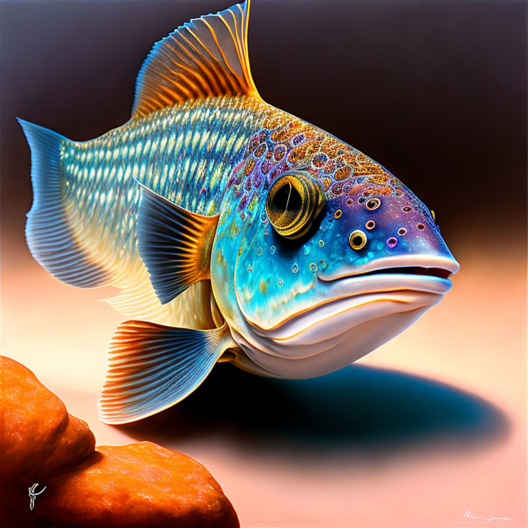 Vibrant fish with intricate patterns in warm-toned aquatic setting