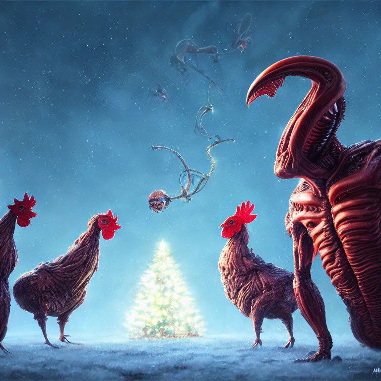 Chickens, Alien-like creature, astronauts, and space debris around a Christmas tree