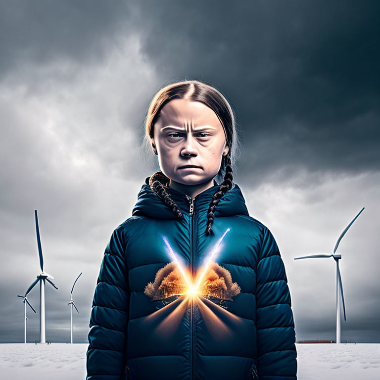 Young girl with braided hair and glowing hands, wind turbines, stormy sky.