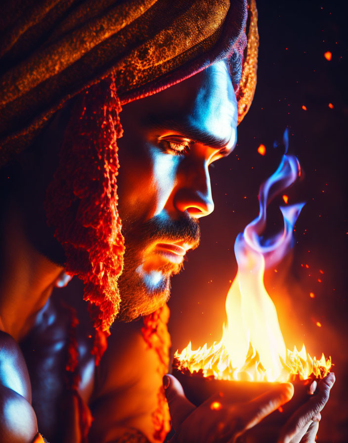 Person in Turban Gazing at Flame with Dramatic Lighting