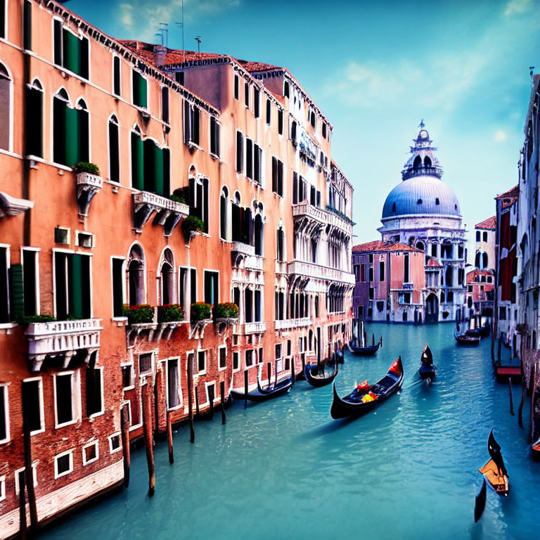 Historic colorful buildings and gondolas on serene Venice canal